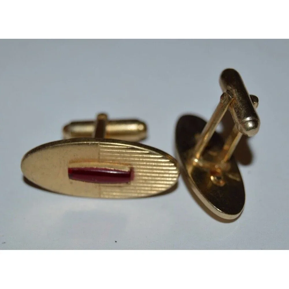 Vintage Cuff Links High End Mid Century Oval Golden Red Stone Classic RARE